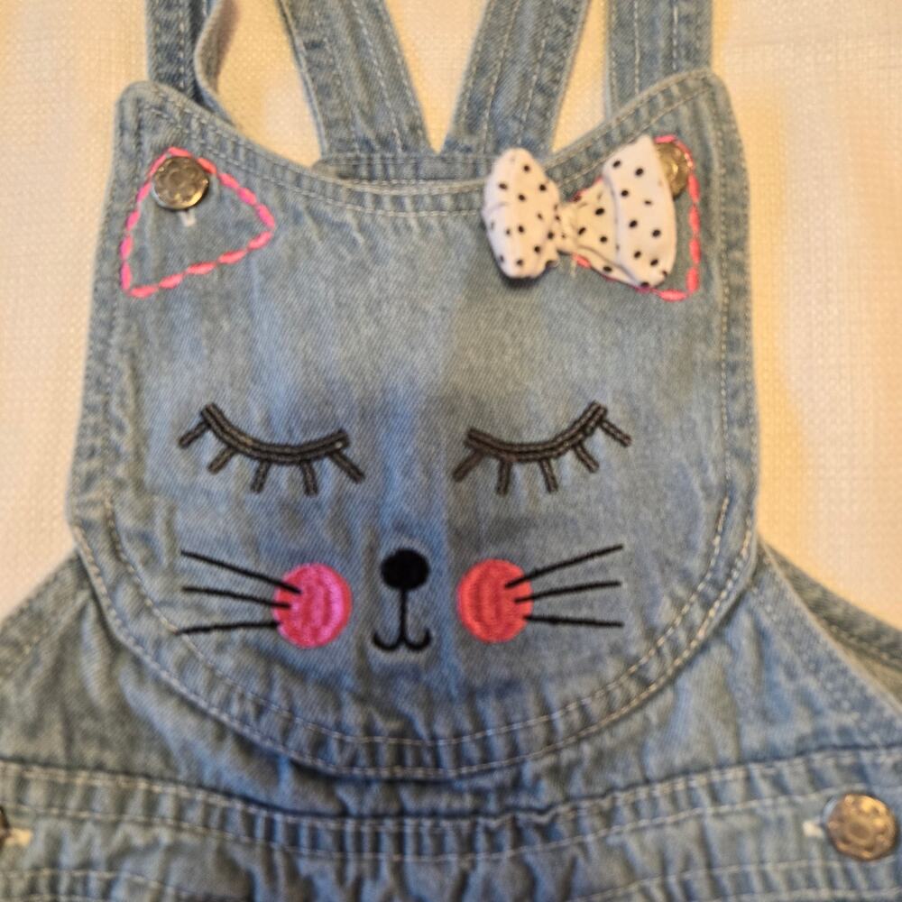 Sz 5  No Label Kitty Cat Bow Pocket Denim Shortalls - Picture 4 of 6